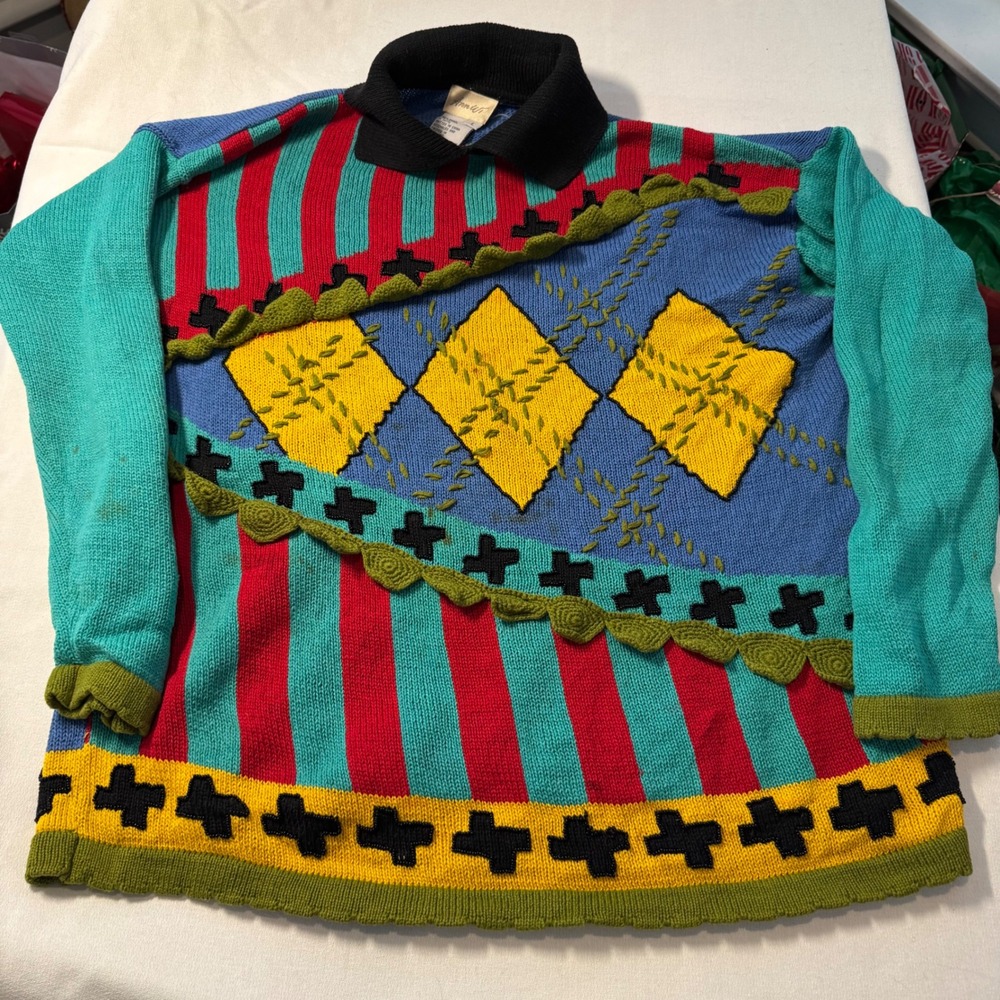 90s Vintage Retro Ann Wi Geometric Argyle Striped Knit Polo Sweater Large Beaded - Picture 1 of 15